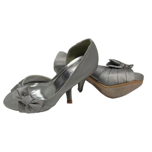 Davids Bridal Maribelle Bow Peep Toe Heel Womens Size 7M Silver Wedding Cocktail - Picture 4 of 9